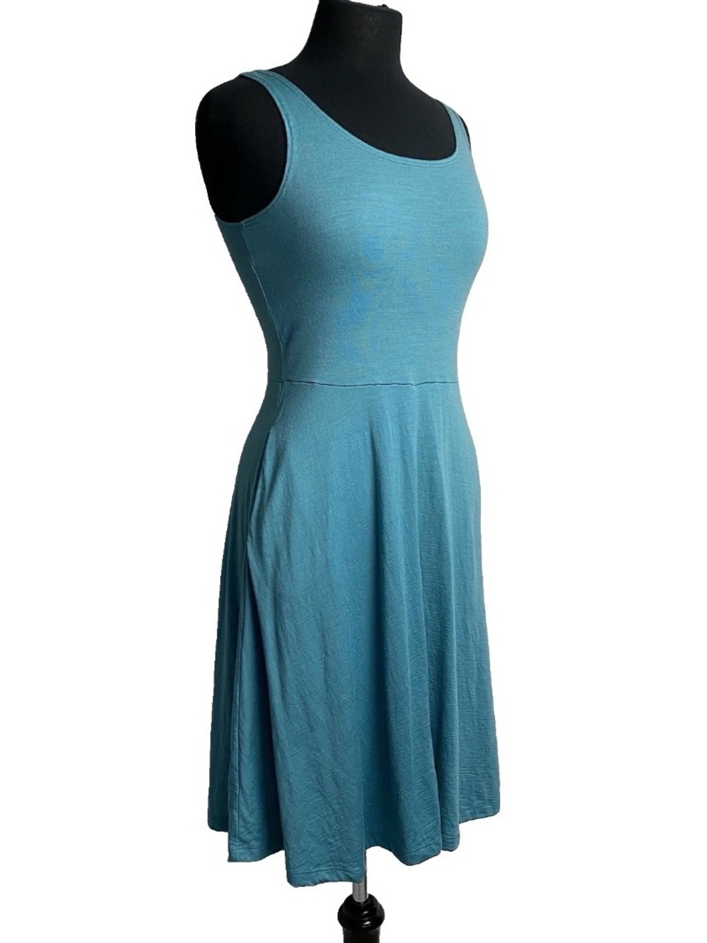 Ibex 100% Merino Wool Sleeveless Dress Size Small Blue Pockets Sundress *HOLES*